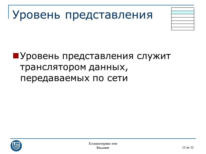 Компьютерные сети Введение 13 из 32 Уровень представления  Уровень представления служит транслятором данных,